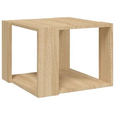 A single, light brown wooden cube-shaped side table is shown against a white background.