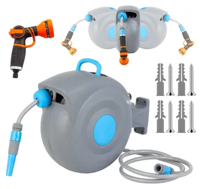 Productafbeelding van Zimilo wandslanghaspel, 20 meter, met automatische terugrolfunctie, tuinslanghaspel, 9 spuitstanden, 180° draaibaar, UV- en vorstbestendig