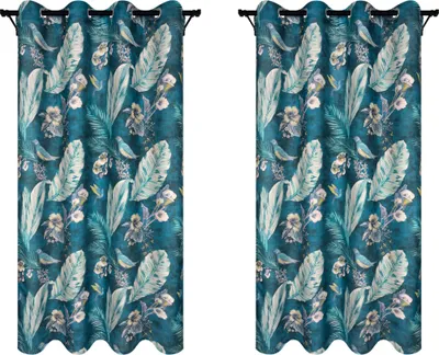 Produktbild von Vorhänge mit Ösen 140x280 cm 2 Stücke mit Blättern und Vögeln Muster blaue blickdichte Gardinen für Wohnzimmer