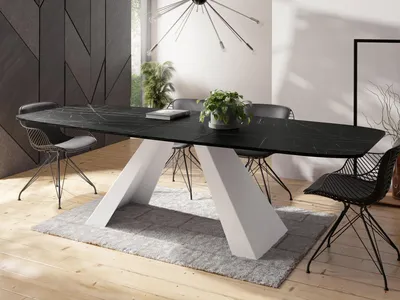 Produktbild von Esstisch Monte Weiß im Modern Stil, Rechteckiger Tisch in Schwarzer Marmoroptik - Ausziehbar von 160 cm bis 200 cm, Pulverbeschichtete Weiße Metallbeine - 160 x 80 cm - Marmor Schwarz