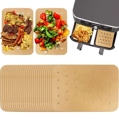 Produktbild von Backpapier für Heißluftfritteusen, 100 Stück, 20,5 x 14 cm, perforiert, Antihaftbeschichtung, für Heißluftfritteusen und Backöfen.