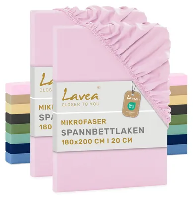 Produktbild von Lavea® Spannbettlaken 180x200 cm aus Mikrofaser, Bettlaken mit Rundumgummi, für Matratzen bis 20 cm, atmungsaktiv und kühlend, pflegeleicht, Spannbetttücher, 2er Set, Rosa
