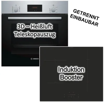 Produktbild von Herdset Backofen Bosch 3D-Heißluft Schnellaufheizung Teleskopauszug + Candy Induktionskochfeld Booster Slider