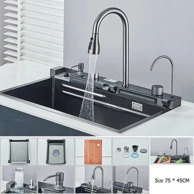 Produktbild von Küchenspüle - Großes Einzelbecken mit Wasserfallarmatur - 304 Edelstahl - Integriertes Digitaldisplay - Seifenspender - Becherspüler - Schwarz 75 x 45 cm