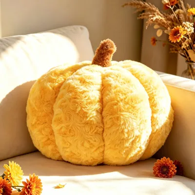 Kürbiskissen 30 cm, Halloween-Deko, gelb, aus Plüsch