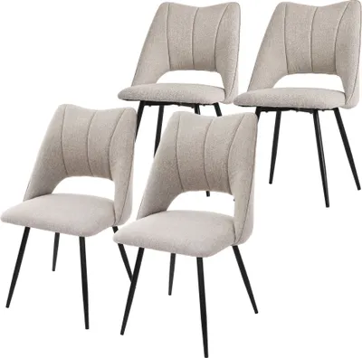 Four beige dining chairs with black metal legs are arranged in a group against a white background.