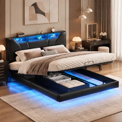 Imagen del producto de Cama tapizada INONEFT de 140x200 cm con LED, cama box con sistema hidráulico, espacio de almacenamiento y somier, cama doble con espacio de almacenamiento y cajón, tapizada en PU, color negro