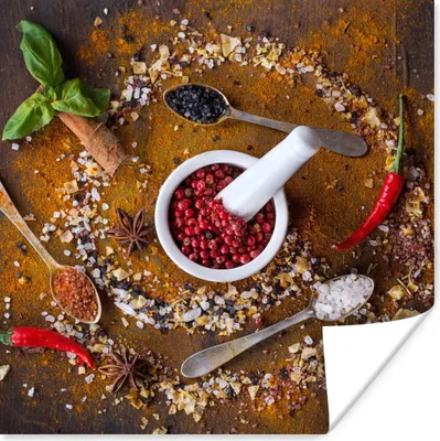 Produktbild von MuchoWow® Poster Mörser - Kräuter - Löffel - Gewürze - Braun - Pfeffer 75x75 cm - Wand Dekoration