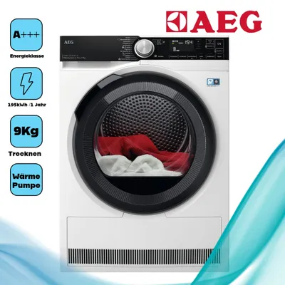 Product shot of a white clothes dryer with informational badges on the left.
