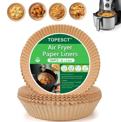 Productafbeelding van Verpakking van 120 wegwerpbakplaten voor heteluchtfriteuses, antiaanbaklaag (100 stuks, 20 cm diameter)