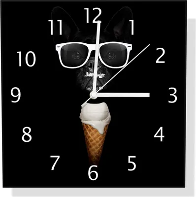 Produktbild von Wallario Design Wanduhr Hund mit Eis aus Echtglas, Größe 30 x 30 cm