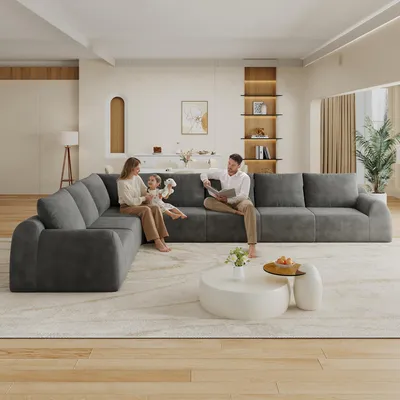 Immagine prodotto di Divano componibile, 401 cm, senza molle, a forma di L, senza necessità di montaggio, ideale per soggiorno e camera da letto (grigio scuro)