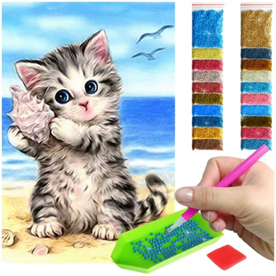 Zdjęcie produktu dla Haft diamentowy ARTULIO - Kotek z muszlą na plaży - 60 x 40 cm - Diamond painting, Kompletny zestaw: mozaika + akcesoria
