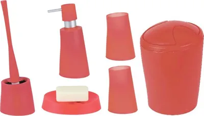 Produktbild von Spirella Badezimmer Set, 6-teiliges Badzubehör Move Seifenspender, WC Bürste, Seifenschale, Kosmetikeimer und Zahnputzbecher Rot