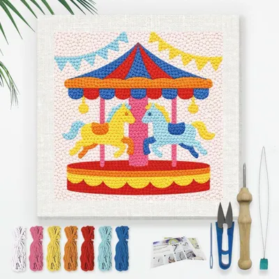 Produktbild von Punch Needle Stick Set für Anfänger, 24x24 cm, Karussellpferd Motiv, DIY Stickerei Bastelset