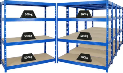 Produktbild von Mega Deal | 5x Profi Schwerlastregal Rhino | HxBxT 180x160x60cm | 4 Spanplatten-Ebenen 8mm | Fachlast 500kg | Blau