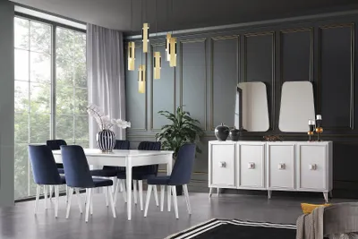 Produktbild von Essgruppe Esszimmer Essecke Esstisch Stühle Holz 9tlg Anrichte Weiß