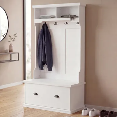 Zdjęcie produktu dla Szafka przedpokojowa HWC-P27, drewniana szafka przedpokojowa z ławką, 4 wieszaki, schowek, półka, melamina, 163 x 100 x 47 cm ~ biała