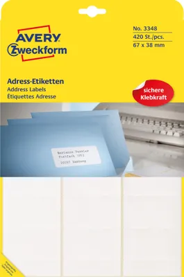 Produktbild von Avery Zweckform 3348, Adress-Etiketten, 67 x 38 mm, 420 Etiketten / 20 Bögen, weiß