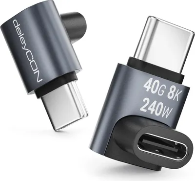 Produktbild von deleyCON USB-C Adapter Winkel 90 Grad (2 Stück) 40Gbps, 240W, 8K60Hz, USB 4.0, Aluminium Gehäuse, Typ C Stecker auf Buchse für Smartphone Tablet Laptop Notebook MacBook PS5 usw.