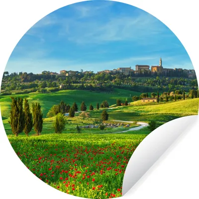 Produktbild von MuchoWow® Runde Wandtattoo - Wandsticker Tapete Aufkleber Toskana - Landschaft - Blumen Ø 100 cm Selbstklebend und Repositionierbar - Wandaufkleber - Kreis - Tapetenkreis - Wandbild rund - Schlafzimmerdekoration - Wanddeko - runde Tapete - Kunst für zu Hause