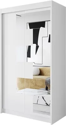 Produktbild von Easy4You H1 120 cm Weiß Schiebetüren Kleiderschrank 120x216x60 cm mit Spiegel - Schlafzimmermöbel, Aufbewahrung - Mehrzweckschrank