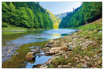 Produktbild von Wallario Küchenrückwand aus Glas, Größe: 90 x 60 cm, Motiv: Fluss in den Bergen an steinigem Ufer | Spritzschutz | abwischbar | pflegeleicht | in