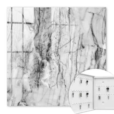 Produktbild von Metall Schlüsselkasten 30 x 30 cm - weißer Schlüsselschrank zur Wandmontage - wandhängende Schlüsselbox mit Tür - nach links öffnend - Schlüsselaufbewahrung für Flur - Büro - Arbeitszimmer - Werkstatt - Garage - Marmor-Eleganz