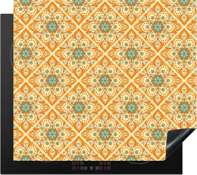 Produktbild von KitchenYeah© Herdabdeckplatte Mandala - Boho - Blumen - Orange - Muster , 58x51cm, Küche Deko, Glaskeramikkochfeld Herdabdeckung, Abdeckplatte fùr Kochfeld