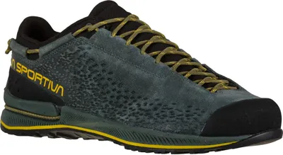 TX2 Evo Leather Zustiegsschuh von La Sportiva in Dunkelgrün mit gelben Akzenten und rutschfester Sohle.