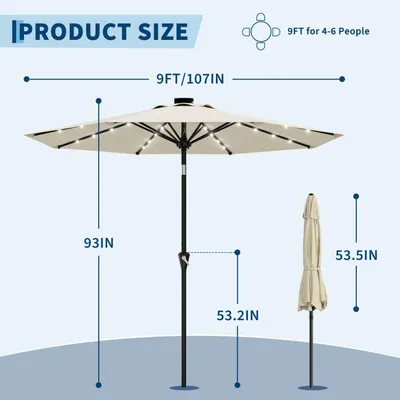Image de Parasol de terrasse solaire - 270 cm - Parasol de jardin - Éclairage LED - Manivelle avec fonction d'inclinaison - 8 baleines - Beige
