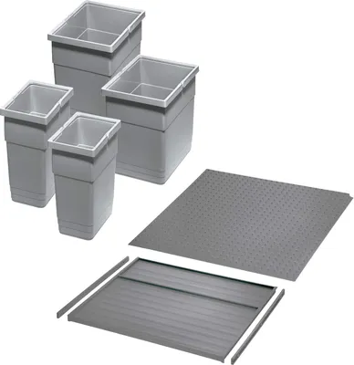 Produktbild von Ninka Abfalltrennsystem eins2vier KB 600 mm, Seitenstärke 16 mm Höhe 275 mm 2x 6L, 2x 13,5L, 1x 60er Bodenplatte, 1x 60er Deckelplatte, 2x Führungsleiste alugrau für Blum Tandembox von SOTECH