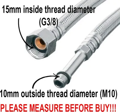 Close-up view of a flexible braided hose with annotations indicating thread diameters.