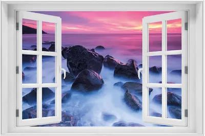 Produktbild von Wallario Wandbild mit Fenster-Illusion: Felsen im Meer bei Sonnenuntergang, Größe: 61 x 91,5 cm, Poster mit weißem Aluminiumrahmen
