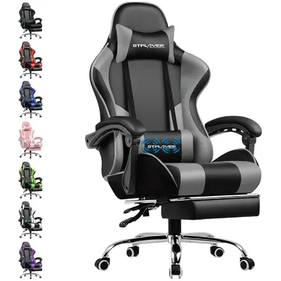 A collection of gaming chairs in various colors, with one chair prominently displayed in the foreground.