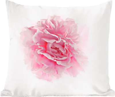 Produktbild von MuchoWow® Zierkissen Sofakissen Wohnzimmer Dekokissen 50x50 cm Draufsicht auf eine rosa Pfingstrose mit weißem Hintergrund - Komfort - Sofakissen