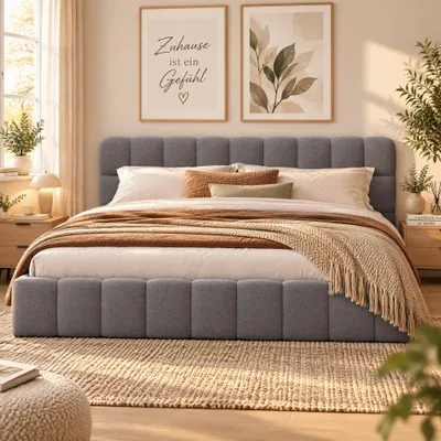 Obrázok produktu pre Postel Bubble Bett, 140x190 cm, čalúnená posteľ s roštom, dvojlôžko s mäkkou opierkou, rám postele, bez matraca, materiál: ľan, farba: sivá