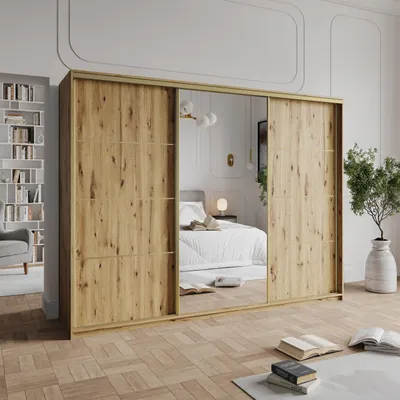 Produktbild von Masseno Schiebetürenschrank VARO 250/205/60 cm Kleiderschrank mit 4 Schubladen Schlafzimmer Schrank 3-türig mit Spiegel Eiche Artisan