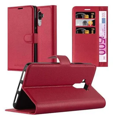 A red leather phone case with card slots and a banknote holder is displayed from multiple angles.