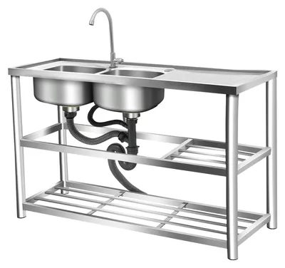 Produktbild von Freistehende Spüle aus Edelstahl - Doppelbecken Gastro Küchenspüle - Edelstahl 201 - Mit 360° Wasserhahn - 120x45x80 cm - Tragkraft 100 kg - Hellgrau