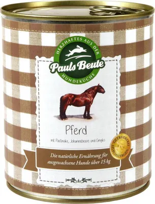 A can of dog food with a horse image and product details.