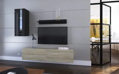 Obrázek produktu pro Furnitech Obývací stěna - Moderní závěsná skříňka - Obývací stěna s policemi a TV skříňkou - Nábytek do obývacího pokoje bez LED (Mery AN271-17SB-HGM40 1A Small)