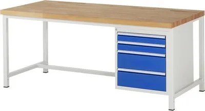Produktbild von Werkbank mit 4 Schubladen - Teilauszug - 90:2 / 180:2 - höhenverstellbar 840-1.040 mm - 2.000 x 900 mm (BxT) - Traglast 1.250 kg - Buche
