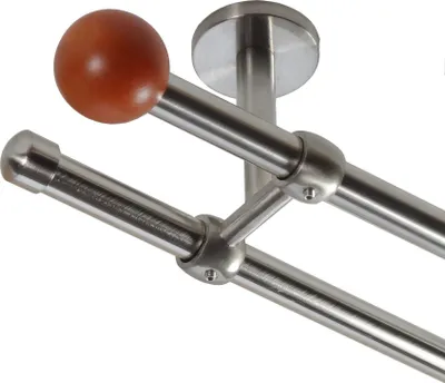 Produktbild von Gardinenstange Set Edelstahl Look Metall Ø 16mm Deckenbefestigung 2-lauf Holz Kugel, Länge wählbar D21 E50 E17