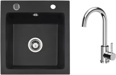 Produktbild von VBChome Granitspüle 50 x 48 cm Schwarz mit Armatur Einzelbecken Einbauspüle Gesprenkelt Pflegeleichtes Spülbecken mit Siphon Ideal für kleine Küchen