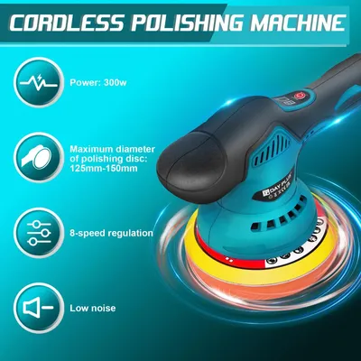 Image de Polisseuse pour voiture - Polisseuse excentrique sans fil - 125–150 mm - 8 vitesses - 12 V, batterie Li-Ion 2,0 Ah - 2 800–5 500 tr/min - Course de 12 mm