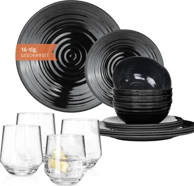 Zdjęcie produktu dla Zestaw naczyń kempingowych z melaminy dla 4 osób Stone Dark Black + 4 szklanki Milano Szklanki do wody Zastawa stołowa Piknik BBQ Naczynia kuchenne