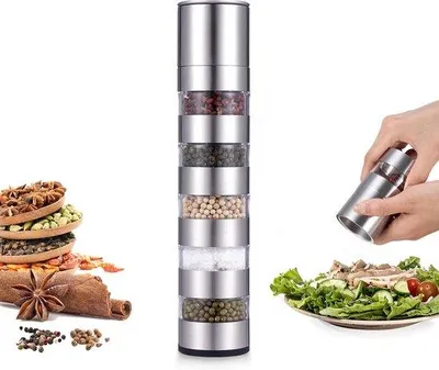Obrázek produktu pro Multifunkční 5v1 sůlka – ručně vyrobená z nerezové oceli – na sůl, pepř a další koření, vhodná na grilování, kempování, vaření a cestování