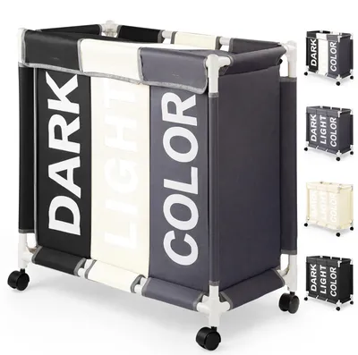 Imagen del producto de Cesta de ropa con 3 compartimentos y ruedas - 90 litros, plegable, fabricada en tela Oxford - Gris//Blanco