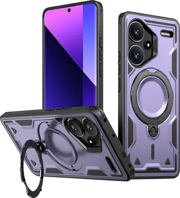 Produktbild von Dual Layer Hülle für Xiaomi Redmi Note 13 Pro+ 5G Metall Ring Ständer Magnetisch Stoßfest Militär Handyhülle Lila